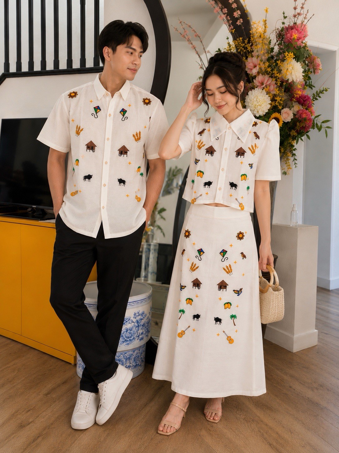 Barong Tagalog Short-Sleeve Embroidered w/Common things&Animals from Philippines