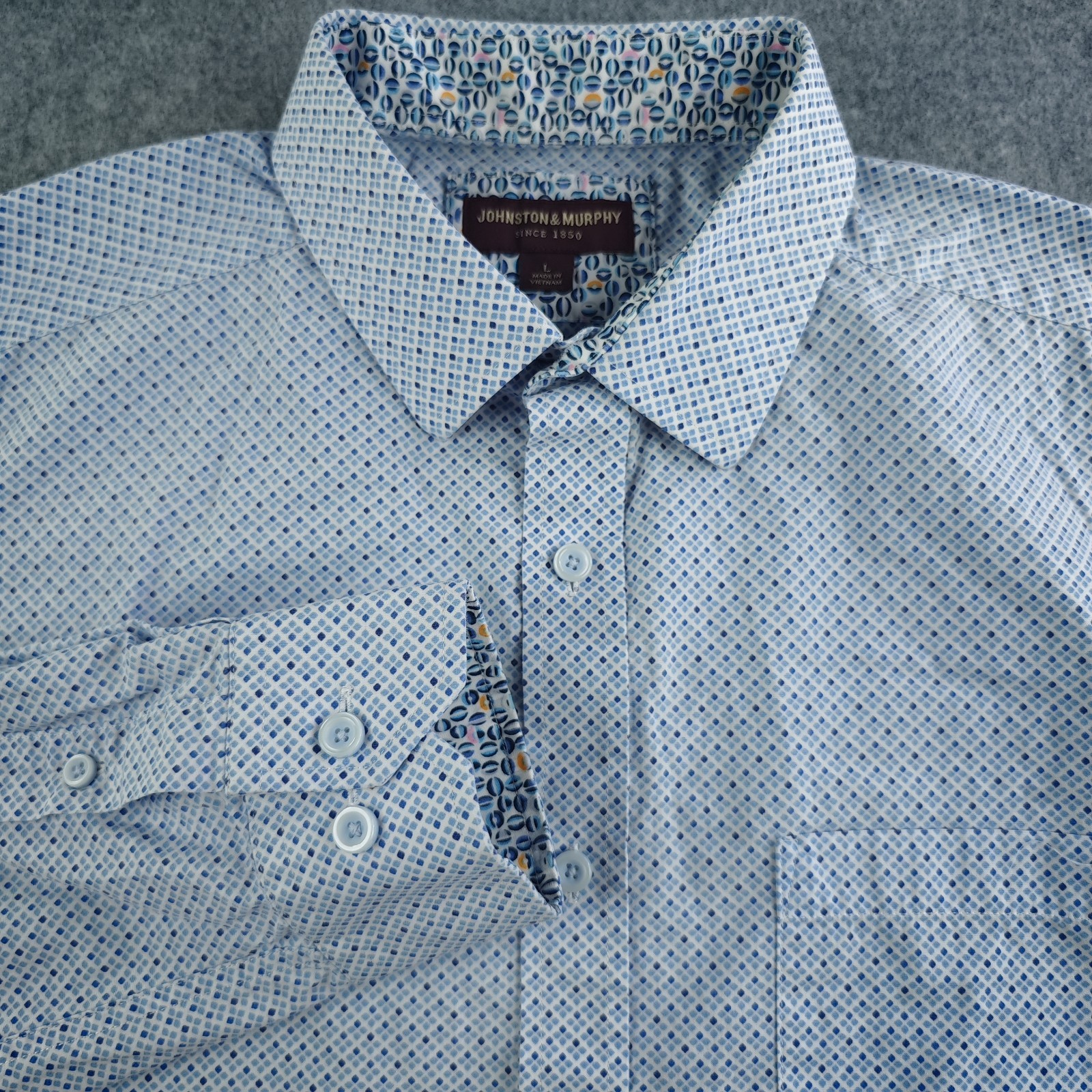 Johnston Murphy Shirt Mens Large Blue Geometric Long Sleeve Flip Cuff Cotton