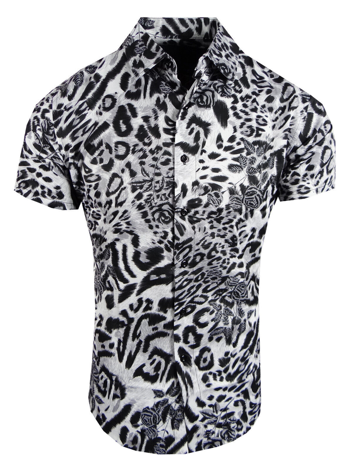 Mens Short Sleeve Shirt Designer Animal Floral Prints Stretch Slim Fit Button Up