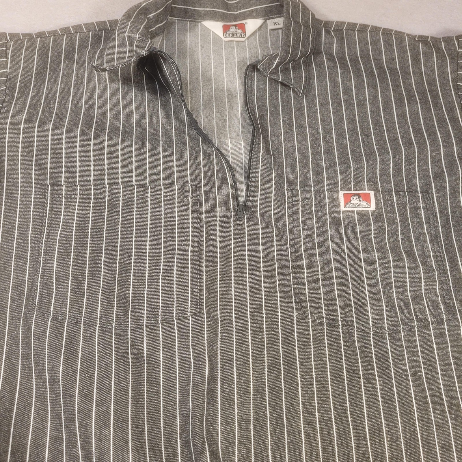 Ben Davis Shirt Mens XL Gray Stripe Short Sleeve 1/2 Zip Twill Workwear