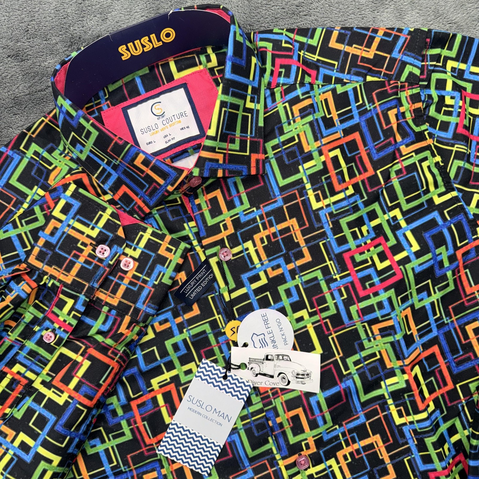 Suslo Couture Shirt Mens Large Multicolor Geometric Long Sleeve Button Front