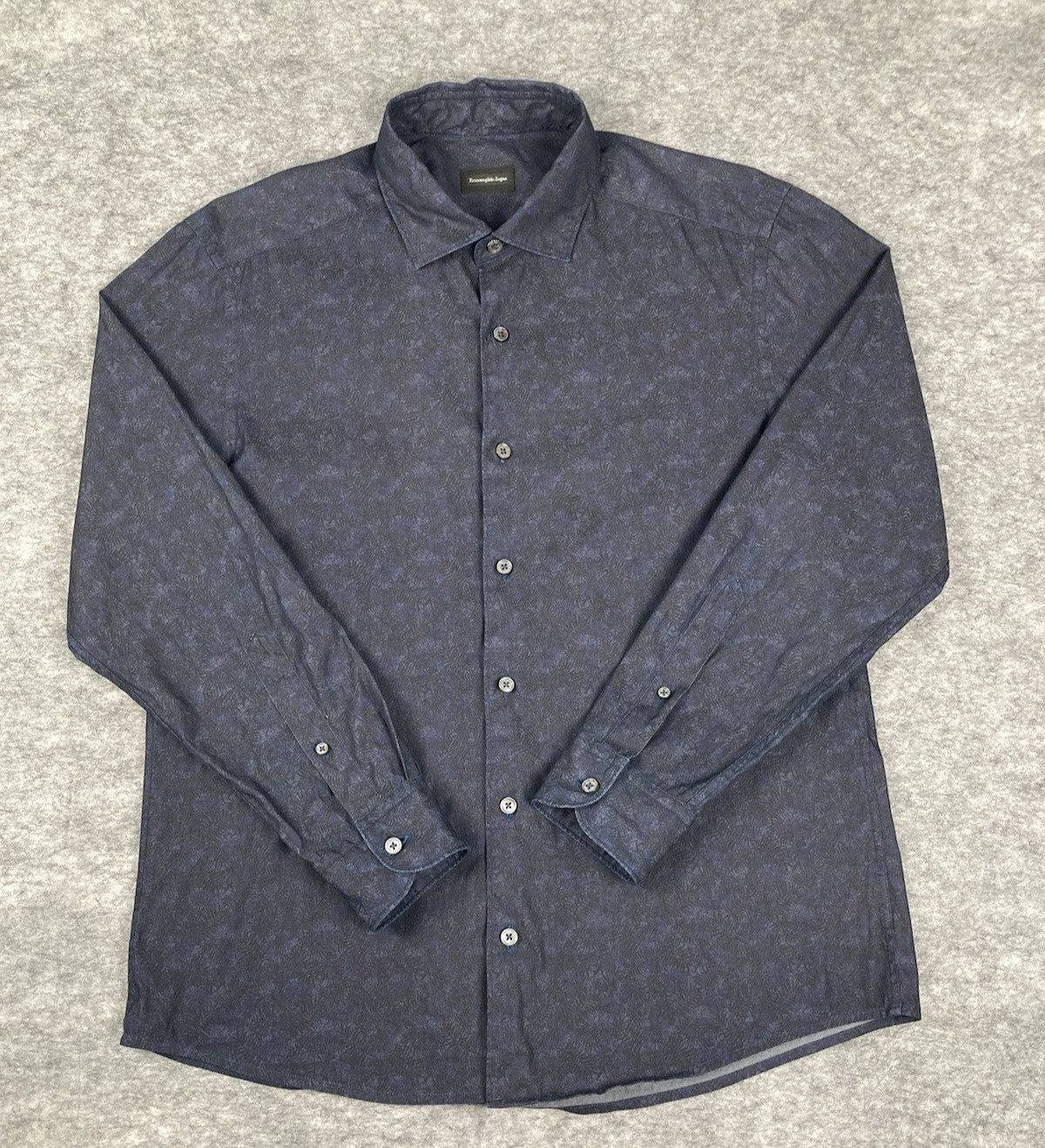 Ermenegildo Zegna Shirt Mens M Fern Print Blue Black Tropical Night Long Sleeve