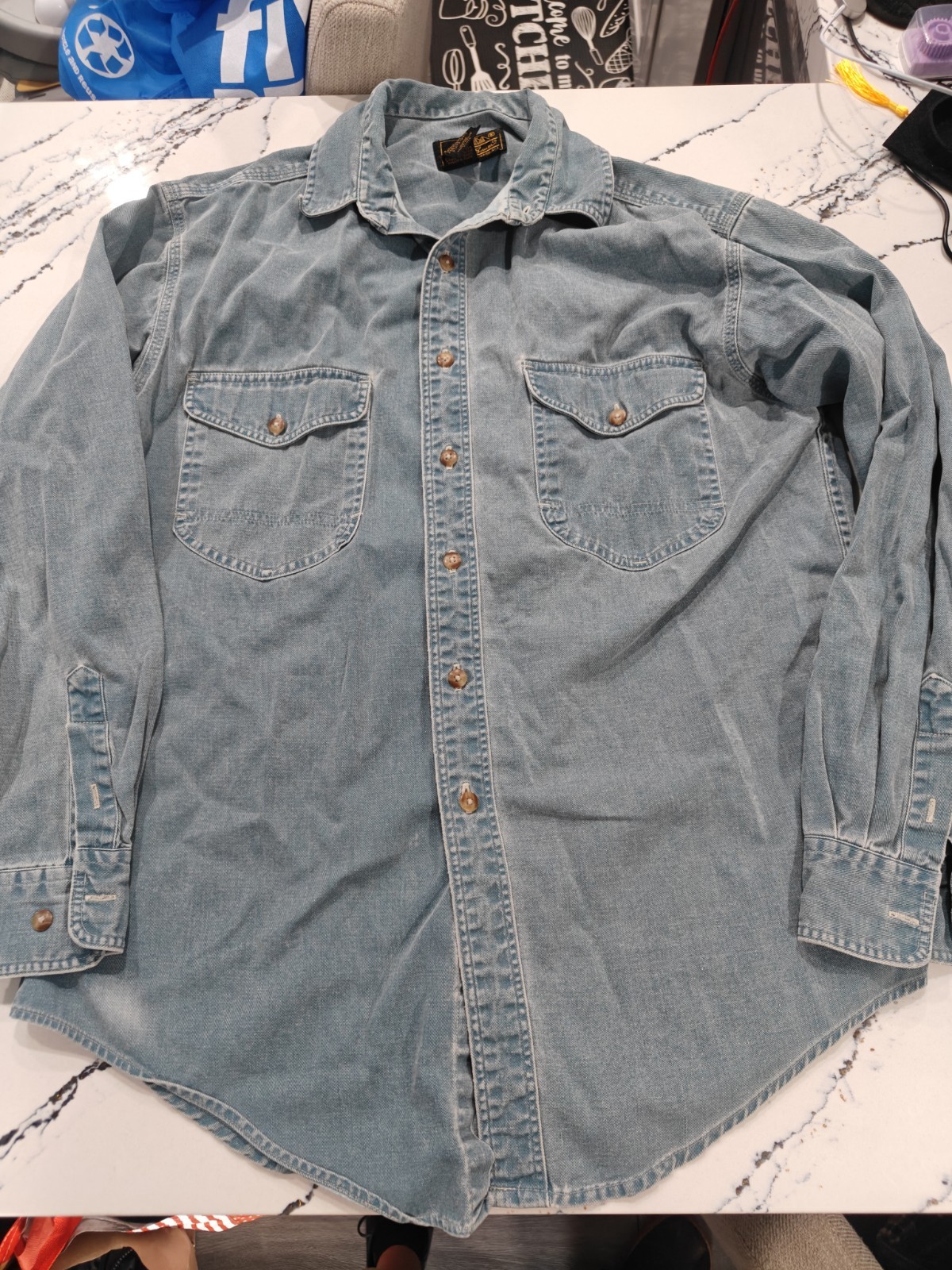 Vintage Eddie Bauer Denim Shirt M Outdoor Blue Fade USA 100% Cotton Button Down