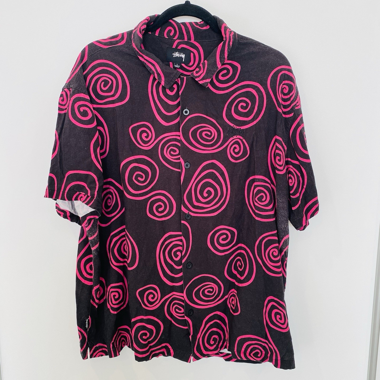 Stussy Shirt Size Large Black Pink Button Up 100% Rayon Vintage Style Wash