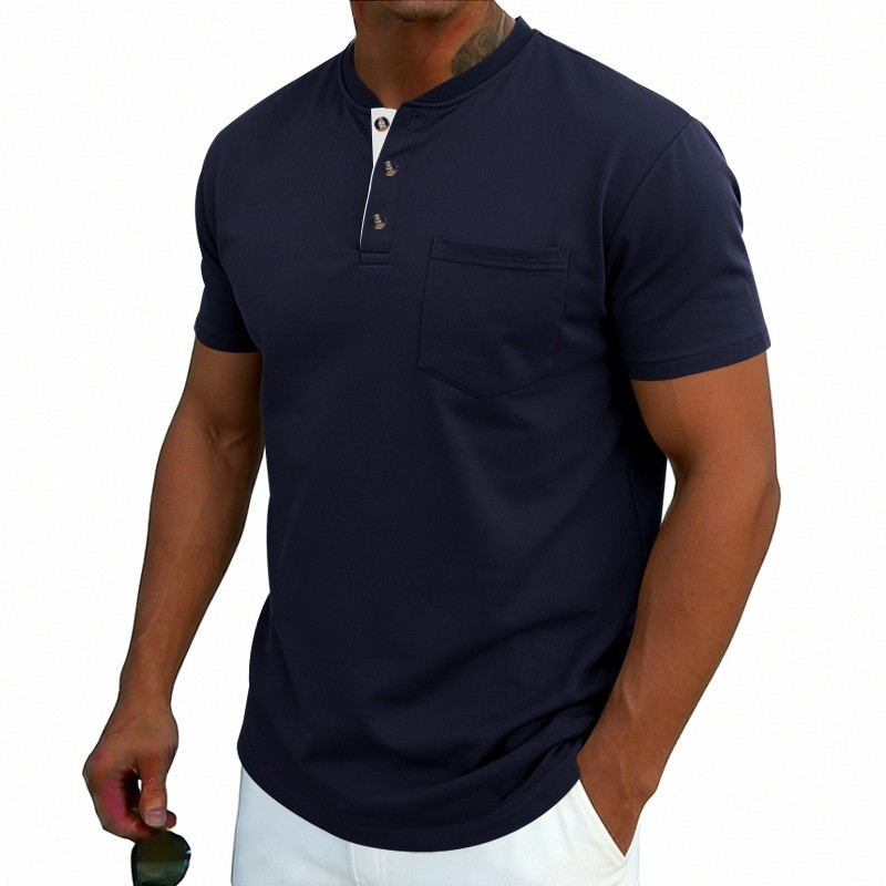 Summer men’s vintage color-block loose short sleeve stand collar henley T-shirt