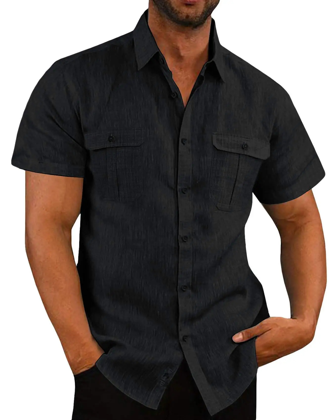 Hot Sale Cotton Linen Men Short-Sleeved Shirts Summer Solid Color Beach Style