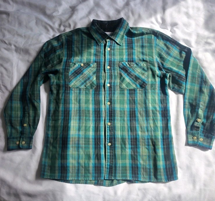 John Blair Flannel PLAID GREEN Button-Up Shirt Men’s Long Sleeve M MED VINTAGE