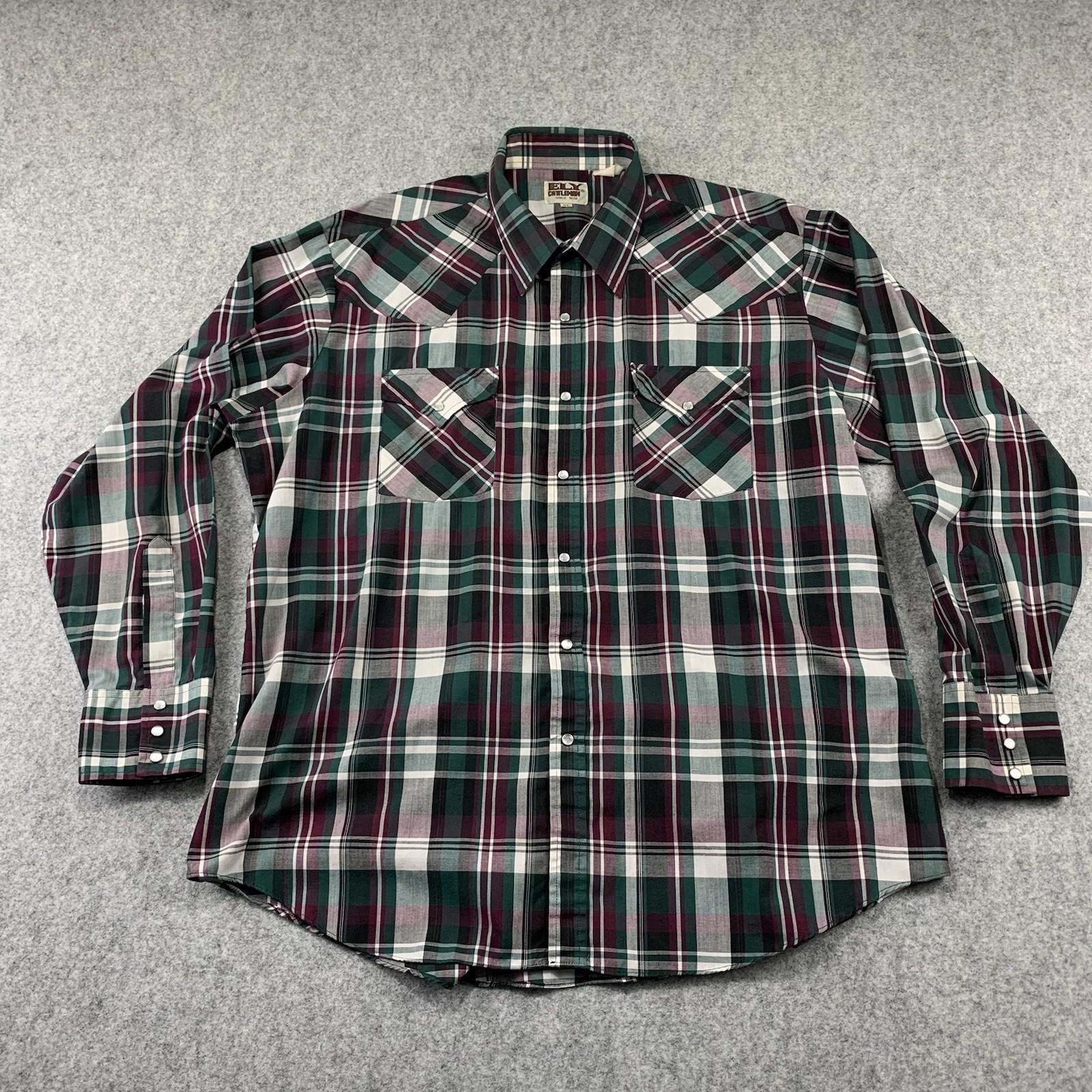 Ely Cattleman Shirt Mens XL Green Plaid Western Pearl Snap Long Sleeve Rodeo