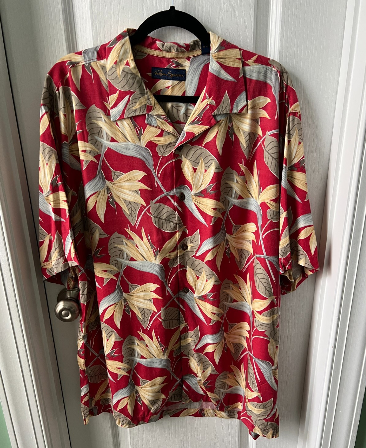 Reyn Spooner Mens Shirt Red Multicolor Bird of Paradise Short Sleeve Size L