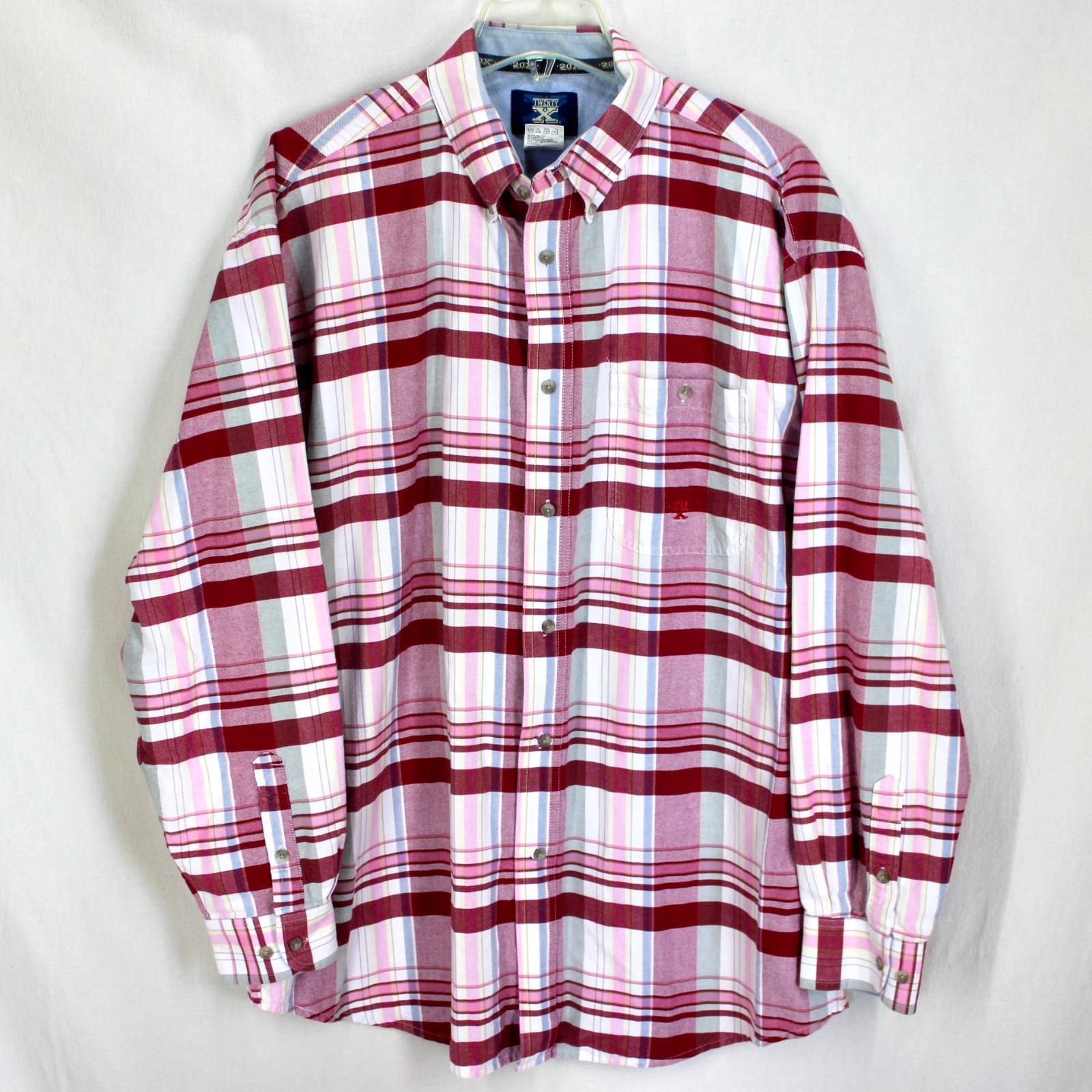Wrangler 20X Plaid Shirt Mens Size XL Pink White Long Sleeve Cotton Western