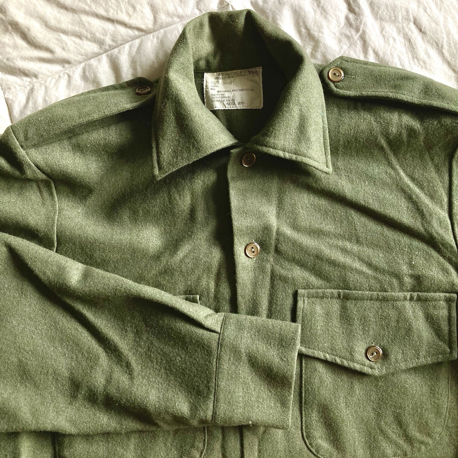 Vtg New Zealand Wool Blend Military Shirt Epaulet Mens S 36cm Army Green Outdoor