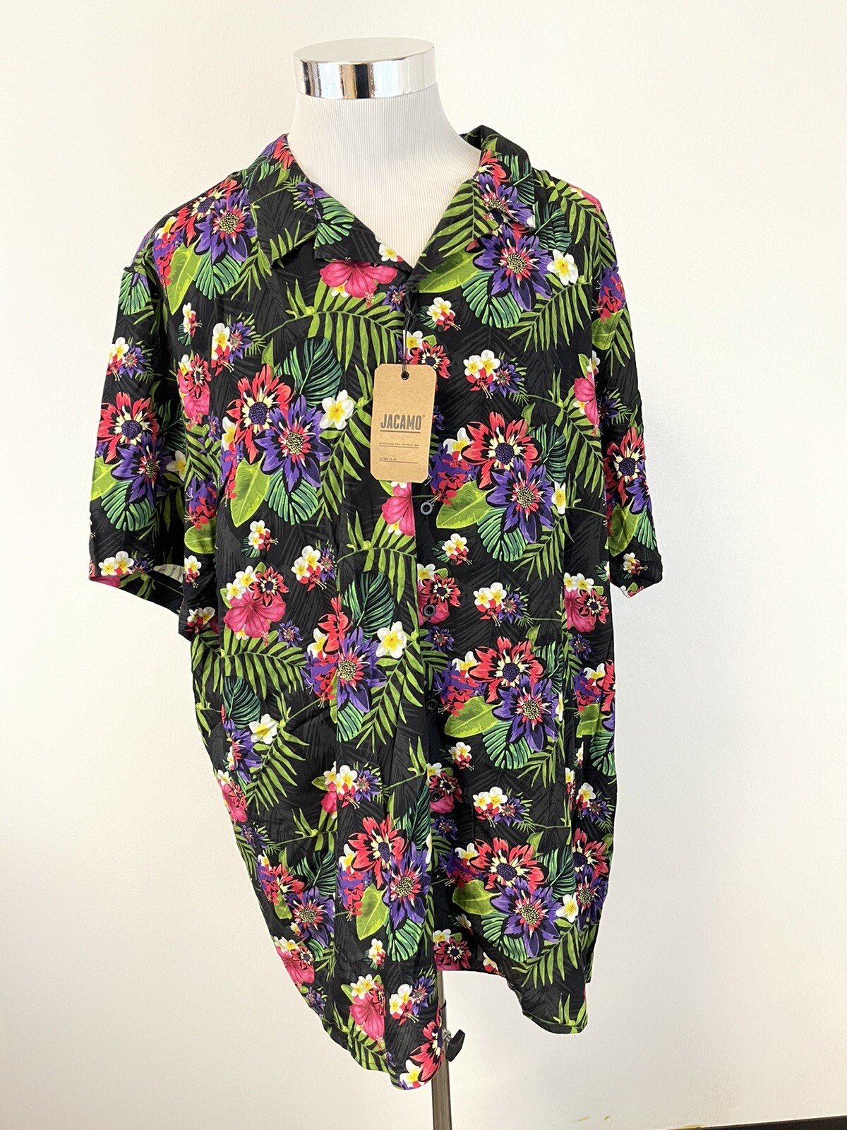Jacamo Shirt Men’s 3XL Button Up Floral Viscose Hawaiian Short Sleeve Green N128