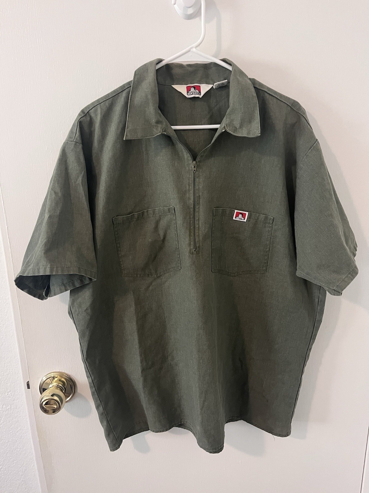 Ben Davis Work Shirt Mens Olive Drab Short Sleeve 1/4-Zip Made in USA XL
