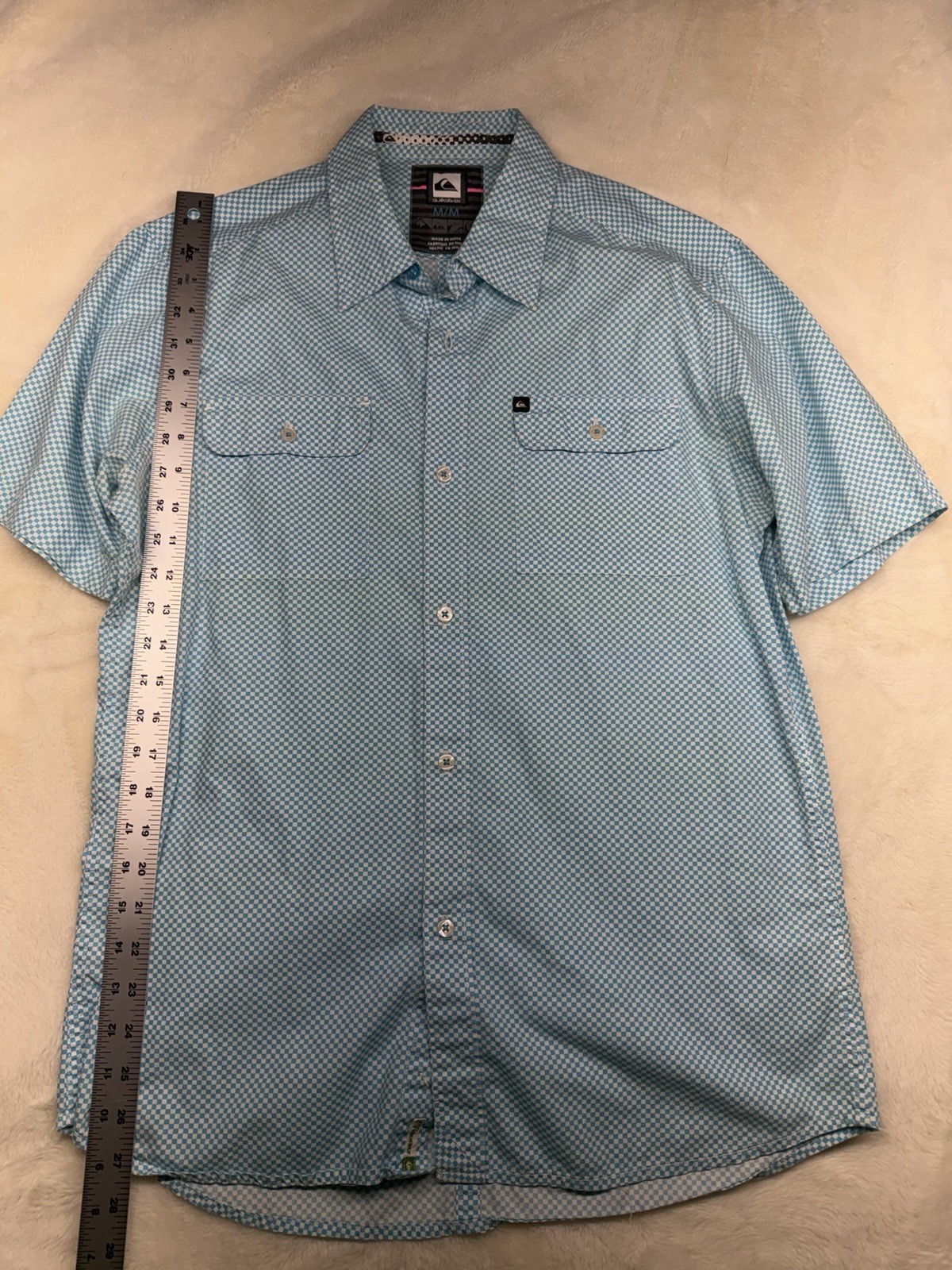 Quiksilver Men’s M Regular Blue White Check Short Sleeve Button-Up Shirt Pockets