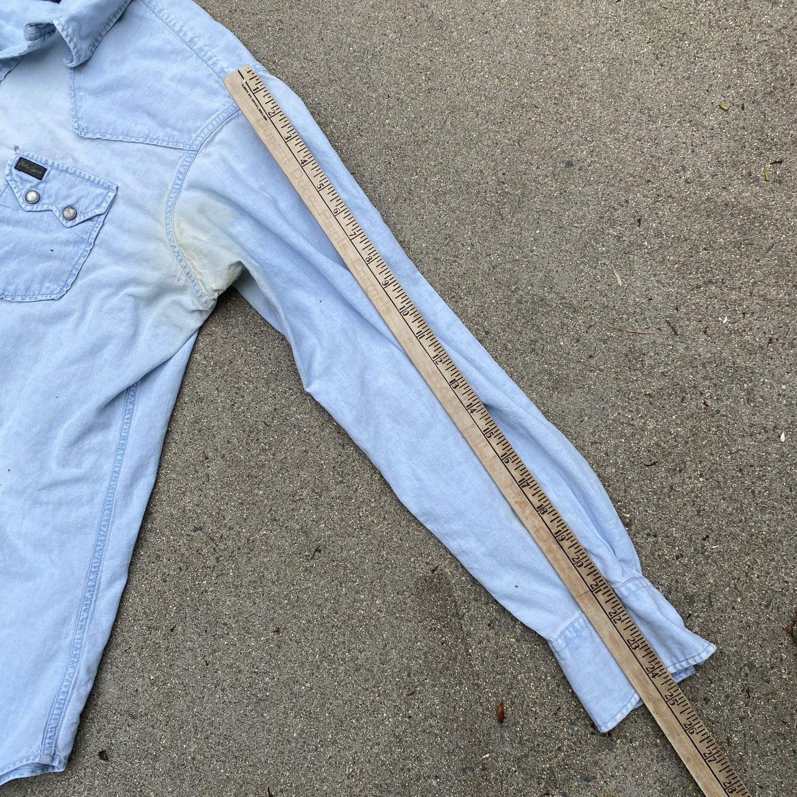Polo Sport Denim Sawtooth Western Shirt Large Pearl Snap Distressed Light Wash