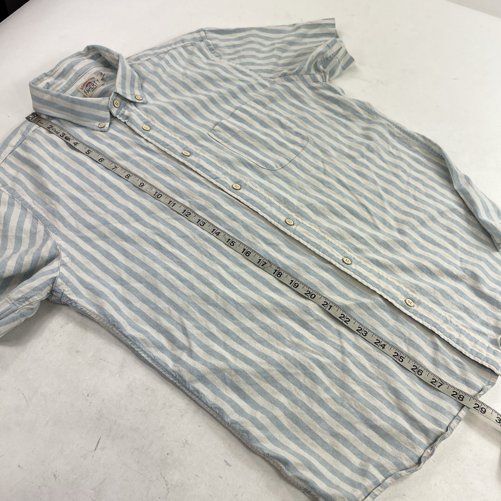 Faherty Short Sleeve Breeze Shirt Button Down Blue Stripe Size Large Hemp Blend