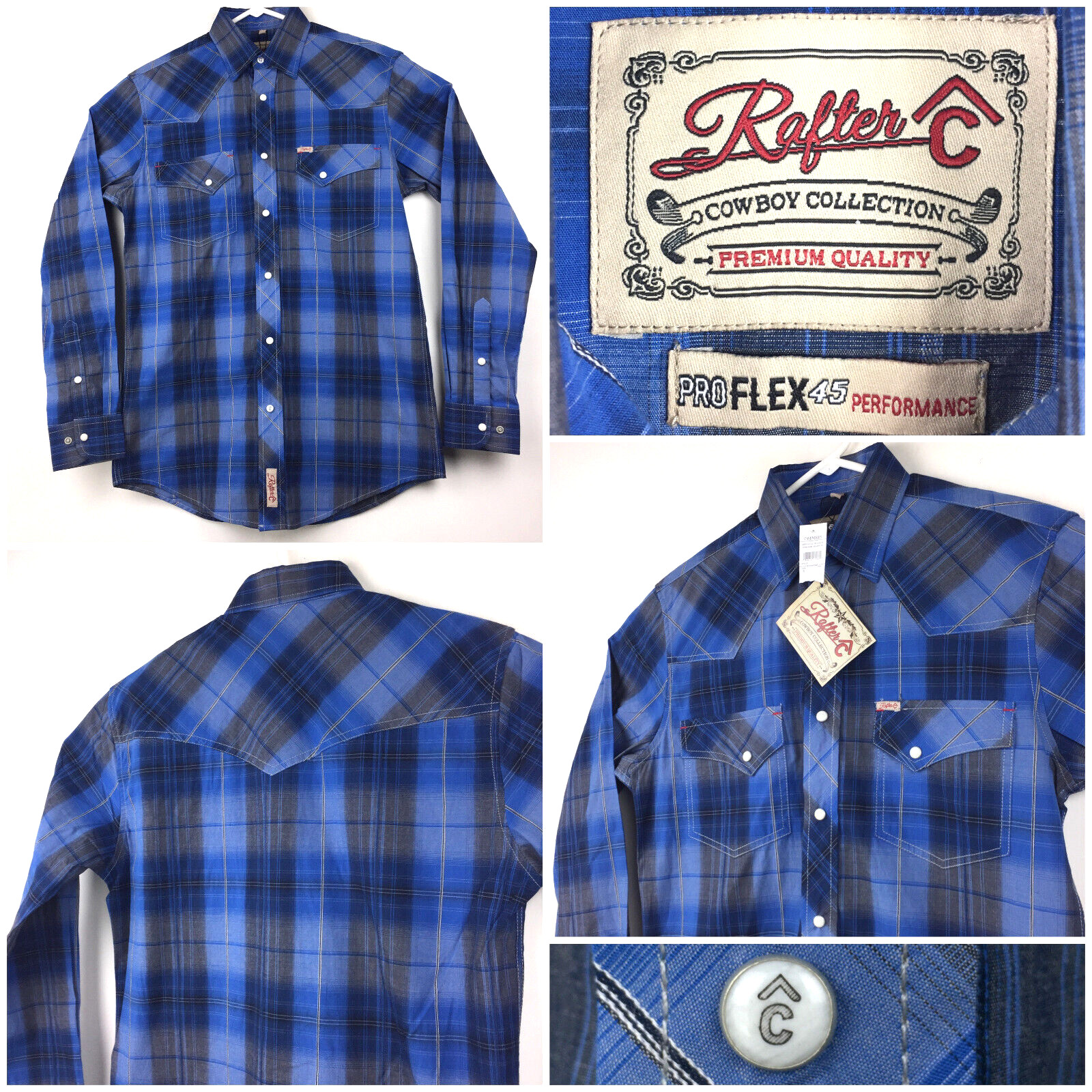 NWT Rafter C Mens Small (40 in Chest) Blue Plaid Pro Flex Performance Pearl Snap