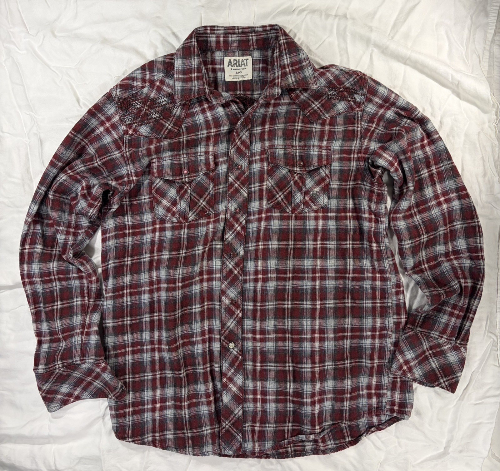 Ariat Mens Retro Fit Western Plaid Flannel Snap Shirt Red Gray Embroidered Large