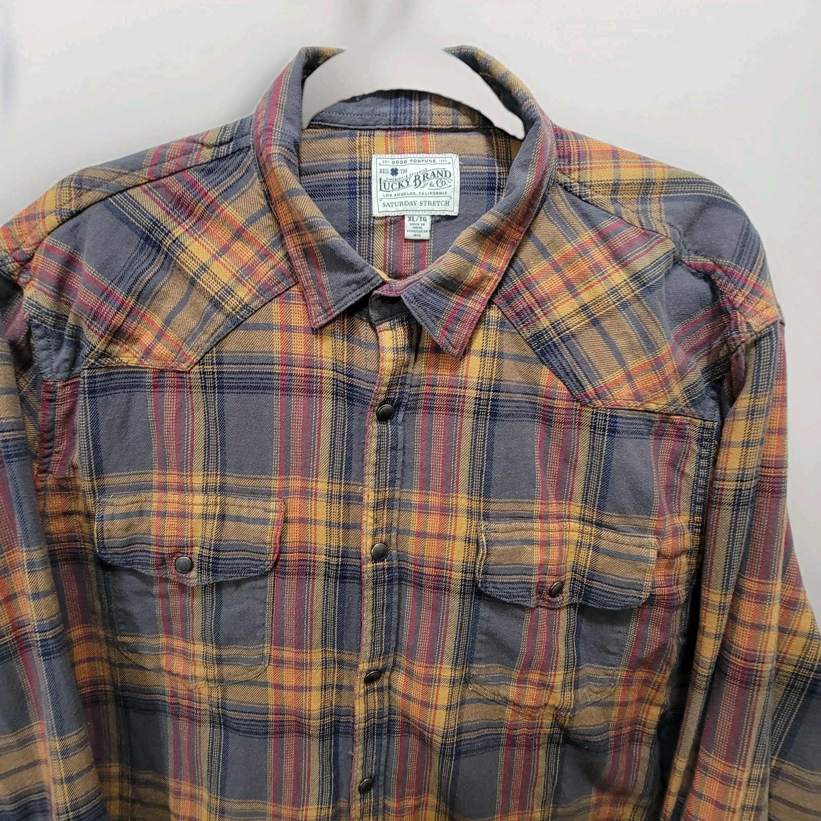 Lucky Brand Pearl Snap Flannel Shirt Mens XL TG Western Saturday Stretch Plaid