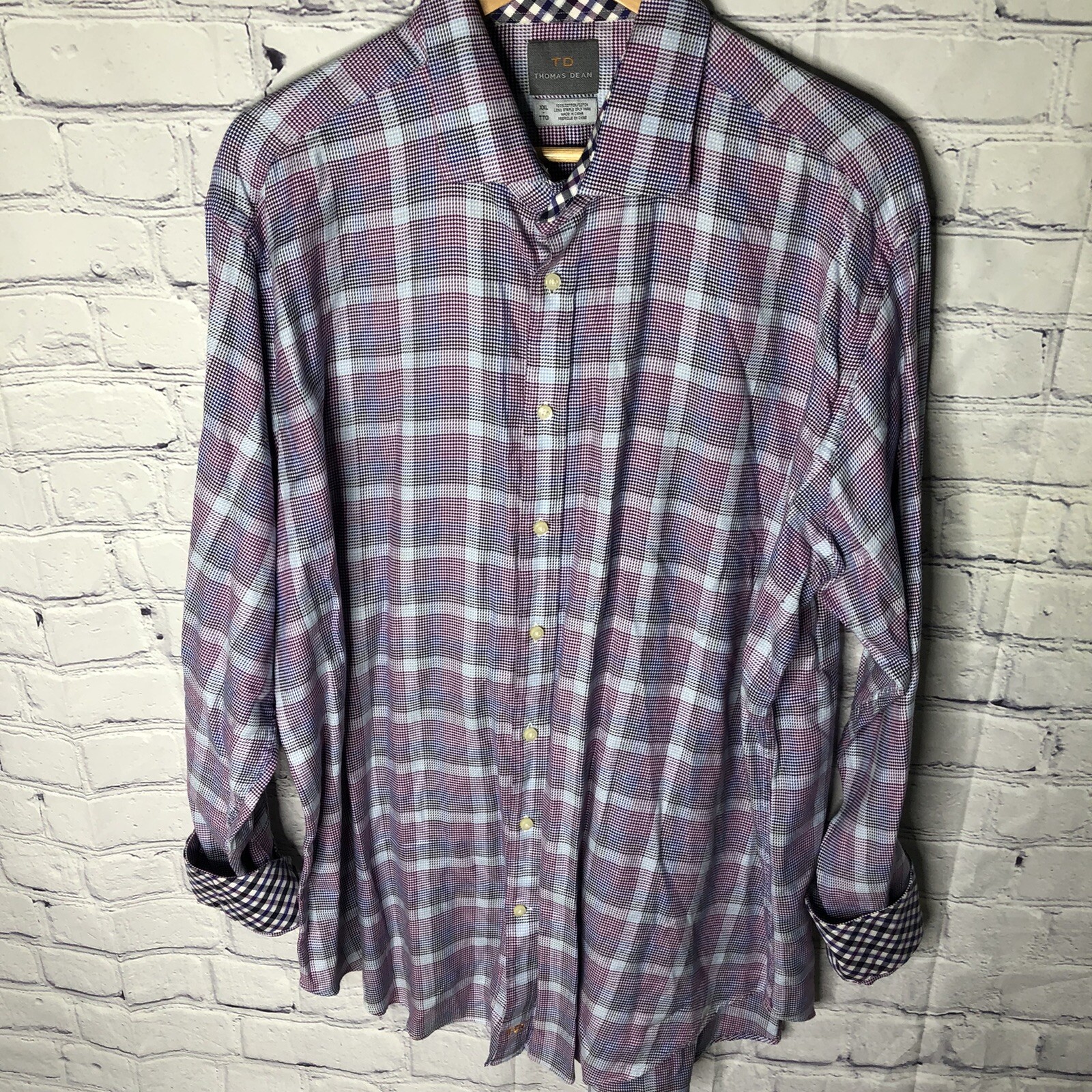Thomas Dean Button-Up Long Sleeve Shirt Flip Cuff Size 2XL Purple Blue Plaid