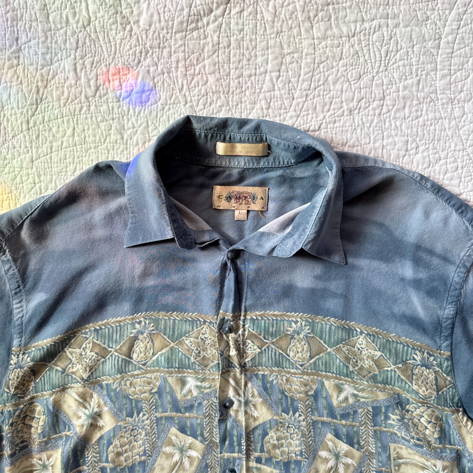 Vintage 90s Y2K Campia Moda Hawaiian Aloha Golf Shirt Size L Pineapple Palm Tree
