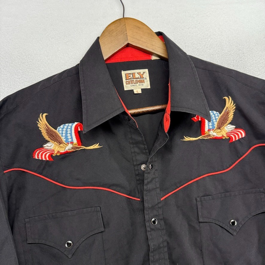 Vintage Ely Cattleman Shirt men’s Large Black Western Pearl Snap Eagle Stitched