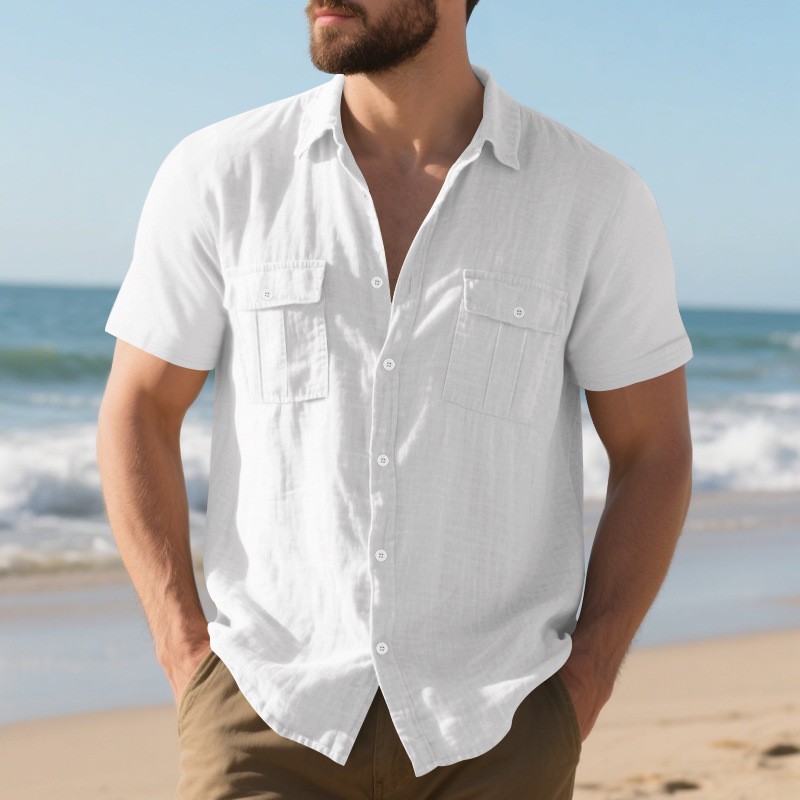 Summer beach breathable casual multi-pocket button-up workwear short sleeve