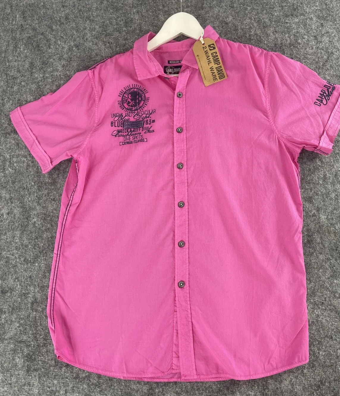 Camp David Shirt Mens Large Pink Button Up Embroidered Short Sleeve N270