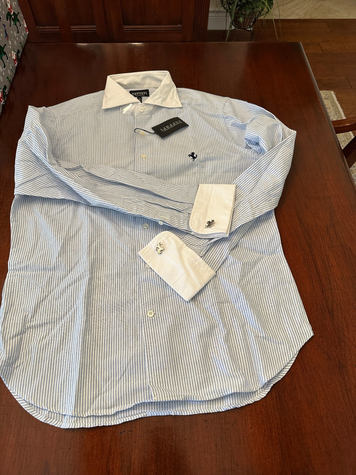 Ferrari brand Men’s blue and white chalk strip long sleeve shirt w/ cuff links