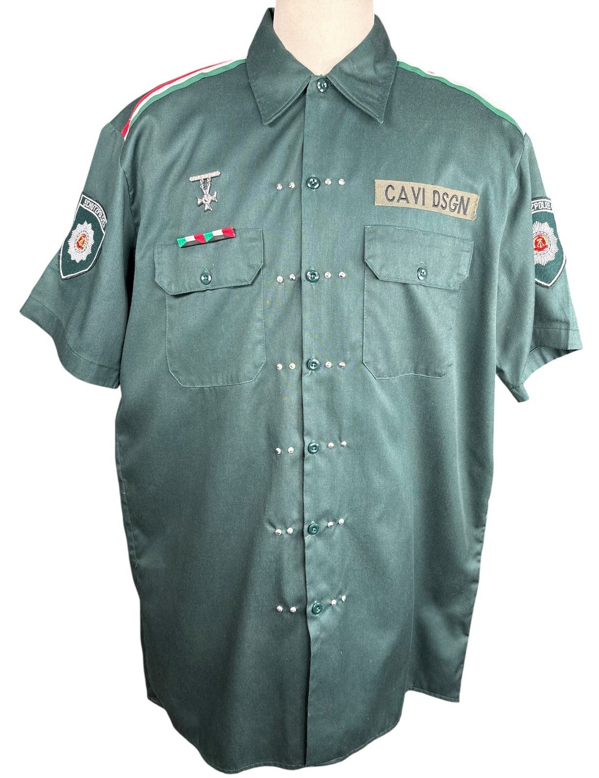 Cavi Designs Mens XL Military Shirt Green Studded Y2K Button Up Streetwear