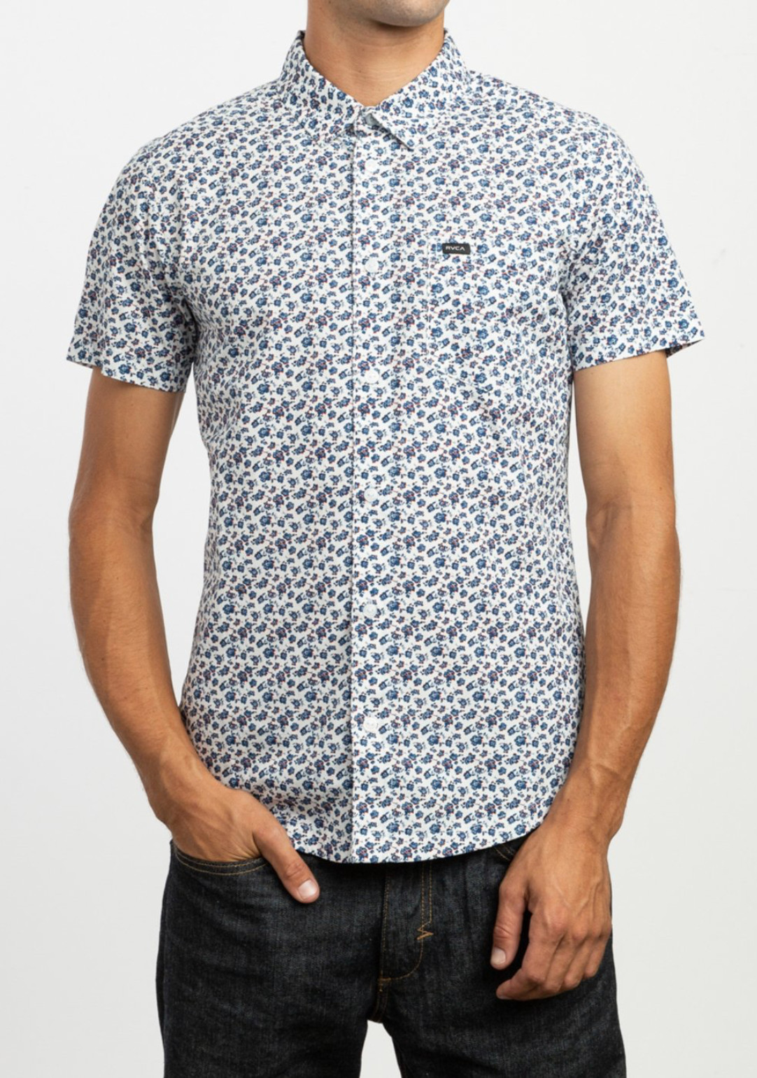 RVCA RUCA Men’s Porcelain Printed Short Sleeve Button-Up Down Shirt – MEDIUM