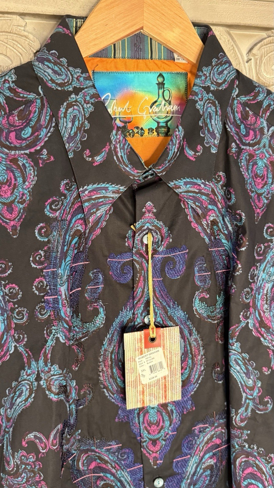 Robert Graham Men’s 3XL Black Blue Purple Paisley Woven Cotton Shirt Embroidered