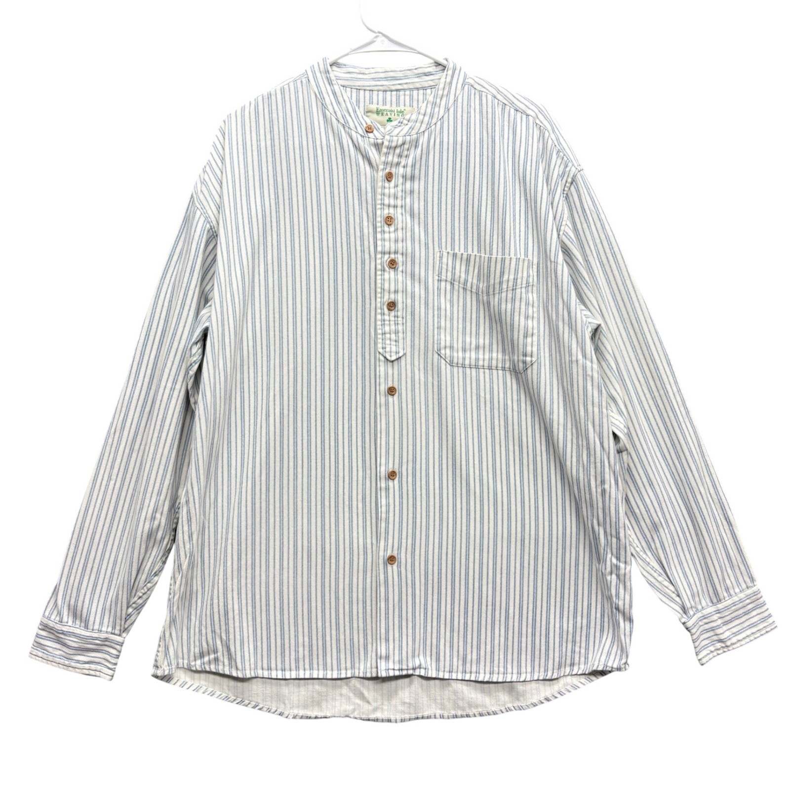 Emerald Isle Weaving Mens XL Blue White Striped Irish Grandfather Shirt Cotton