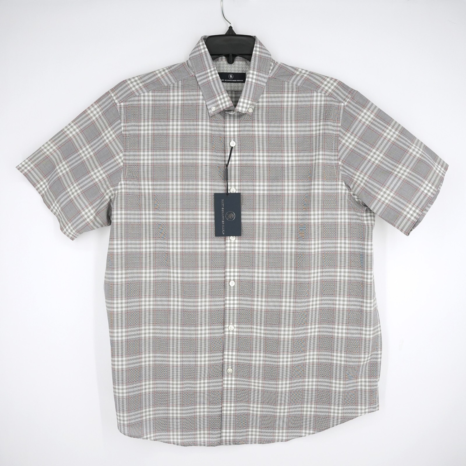 Hart Schaffner Marx Men’s Short-Sleeve Shirt XL Gray Red White Plaid NWT $89.50