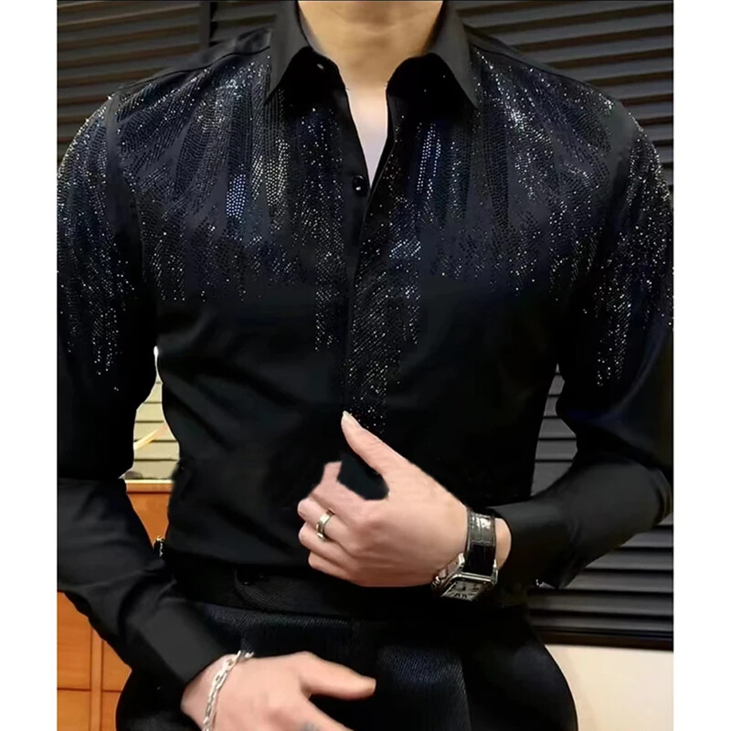 New Luxury Men Diamond Rhinestones Fashion Button-Down Shirt High Quality
