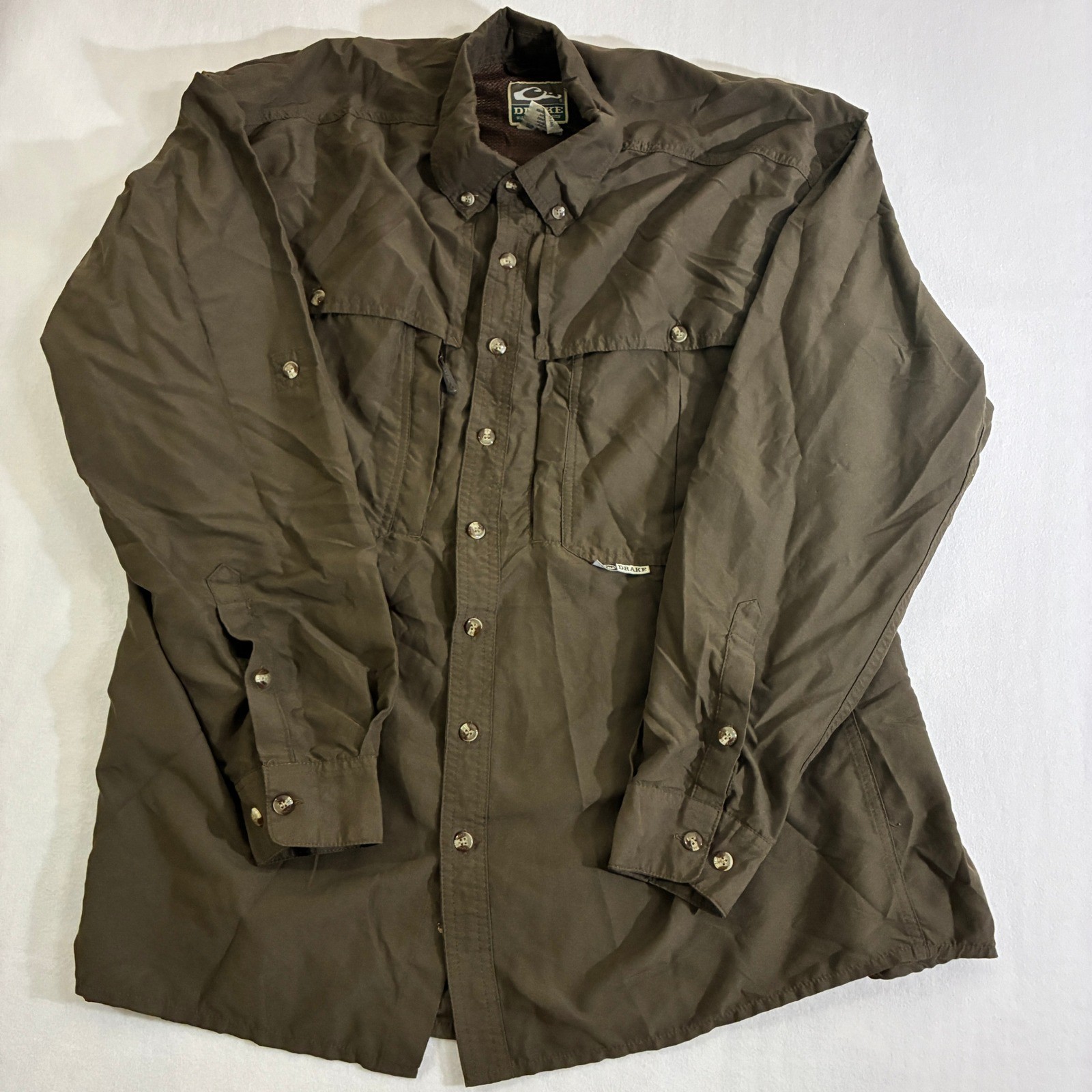 Drake Waterfowl Mens XL Long Sleeve Vented Fishing Hunting Shirt Brown Button Up