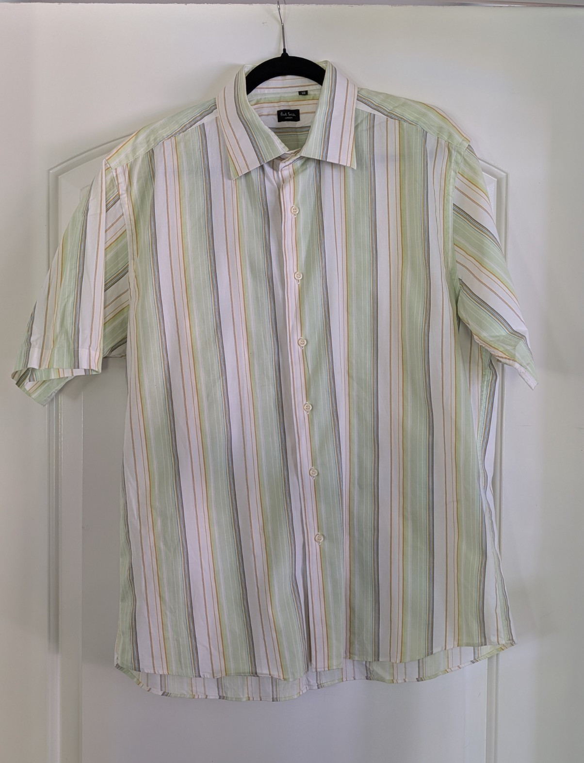 Paul Smith London Men’s 17 1/2 Woven Striped Short Sleeve Point Collar Button-Up