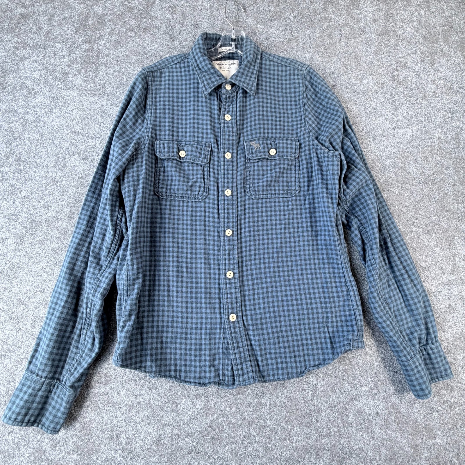 Abercrombie & Fitch Muscle Shirt Mens L Blue Gingham Plaid Flap Pockets