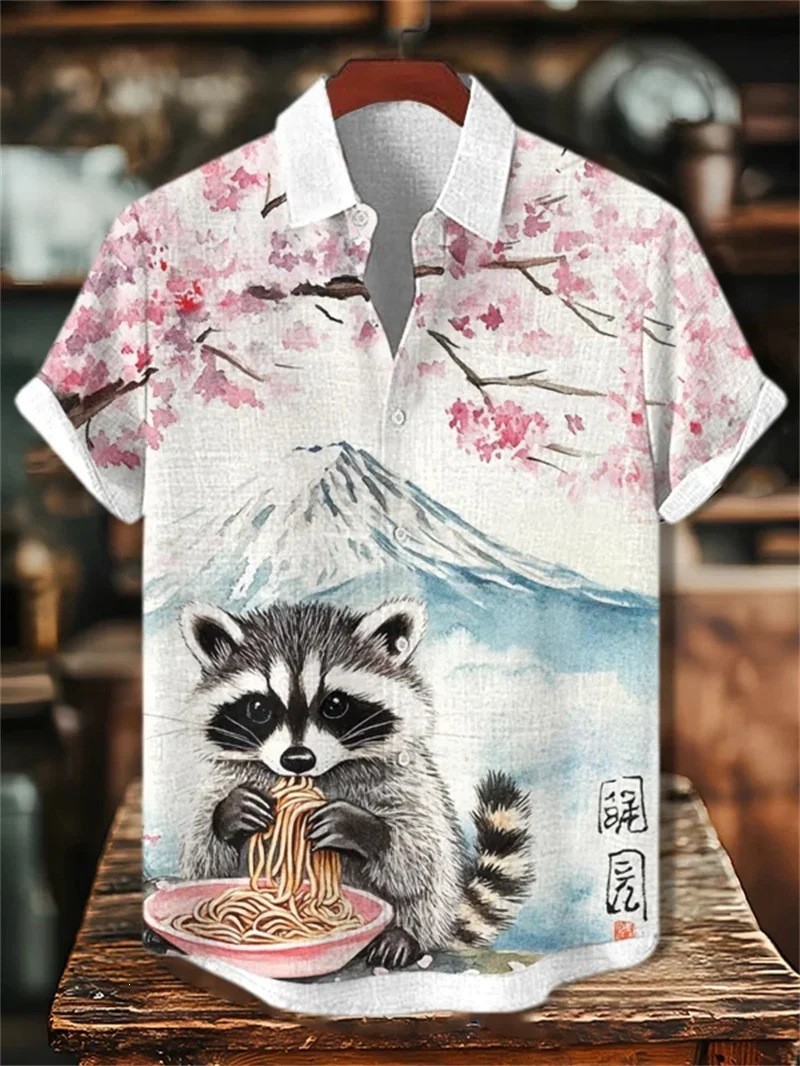 Japanese Ukiyo-e Great Wave Henley Shirt Short Sleeve Linen Cotton Casual