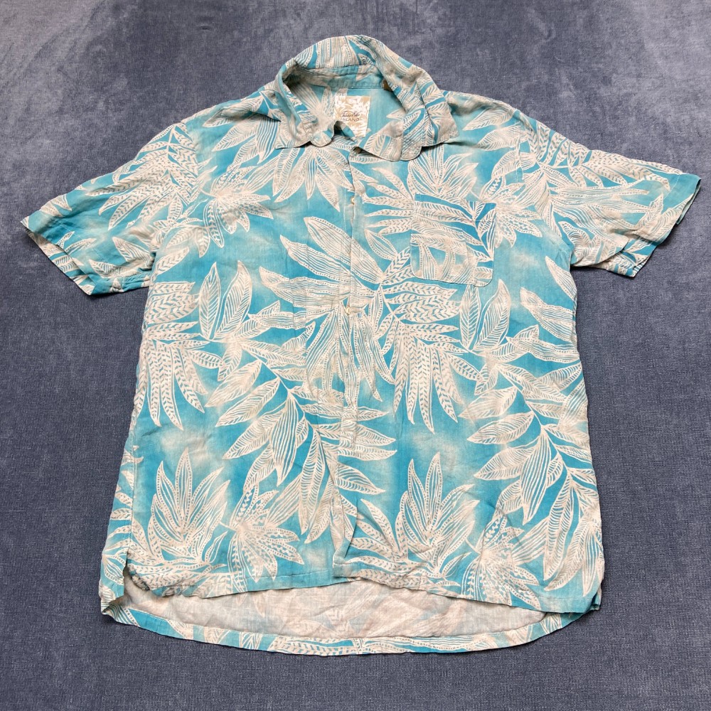 Tasso Elba Island Hawaiian Shirt 2XL Mens White Blue Tropical Leaf Silk Linen