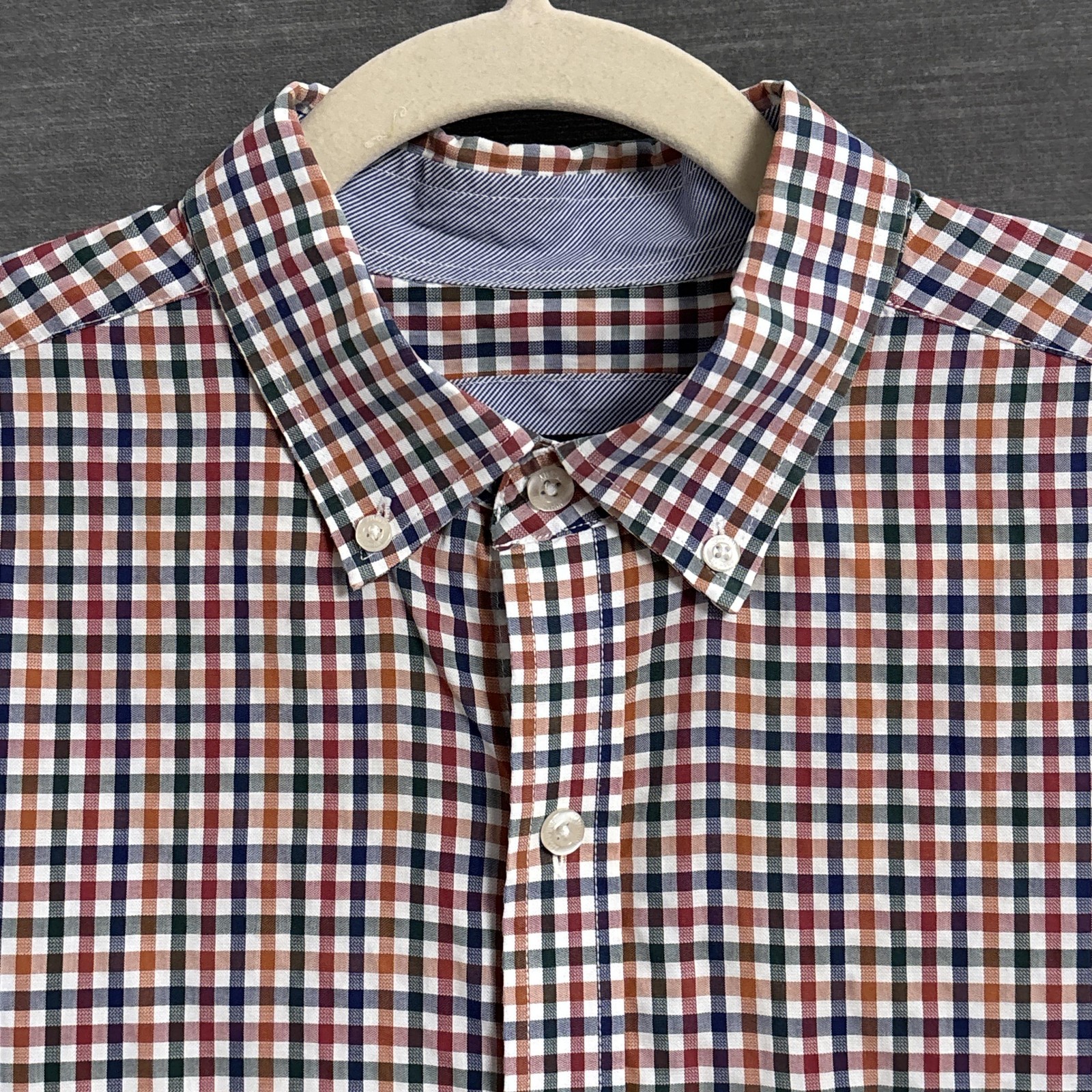 Johnston Murphy Shirt L Blue Orange Check Plaid Button Down Long Sleeve Cotton