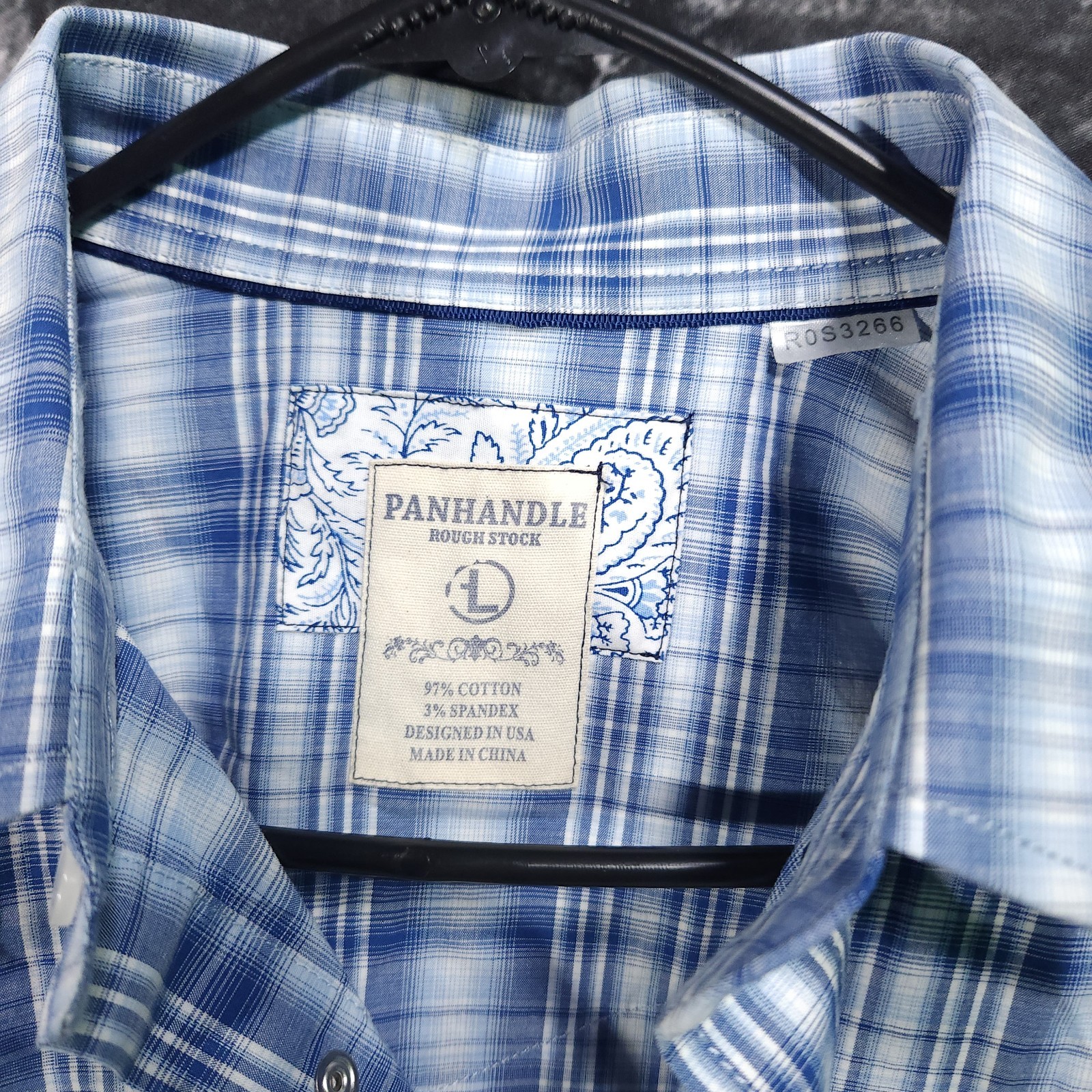 Panhandle Rough Stock Mens L/XL Tall Blue Plaid Pearl Snap Button Western Shirt