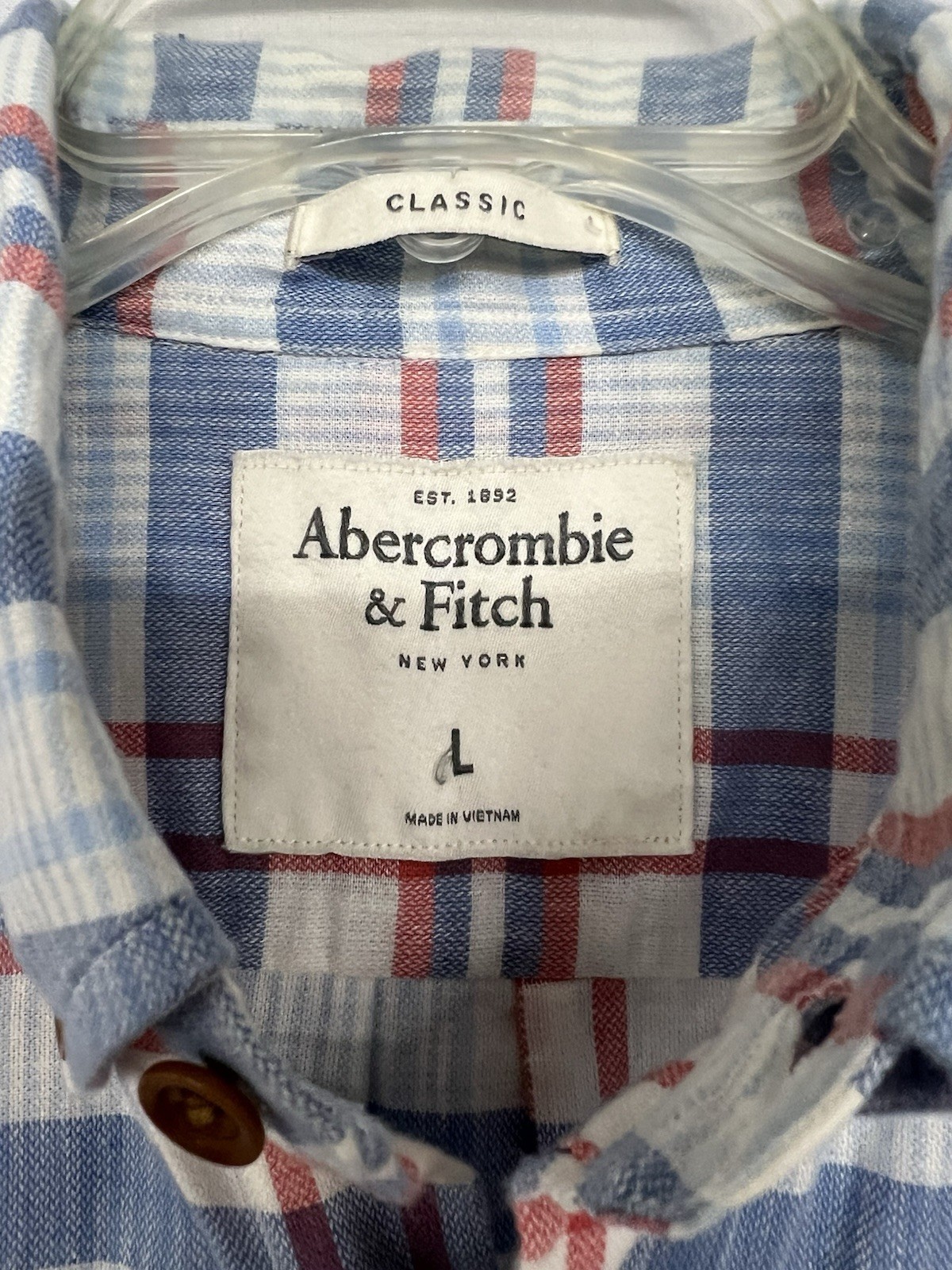 Abercrombie Fitch Linen Blend Shirt Men’s L White Blue Red 1 Pocket Long Sleeve