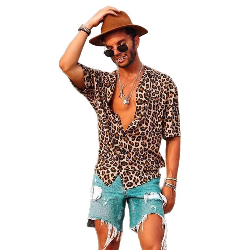 Printed shirt summer short-sleeved leopard print cardigan casual floral lapel