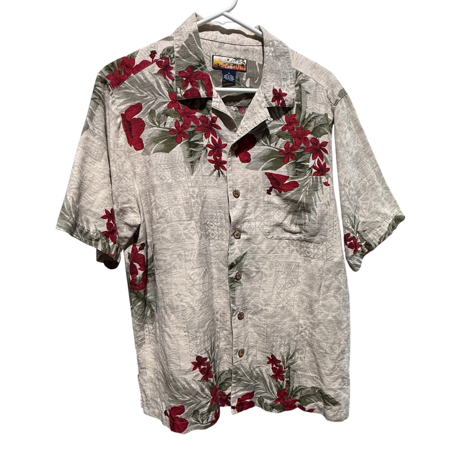 Havana Jacks Cafe Mens Medium Silk Hawaiian Shirt Grey Red Hibiscus Floral Camp