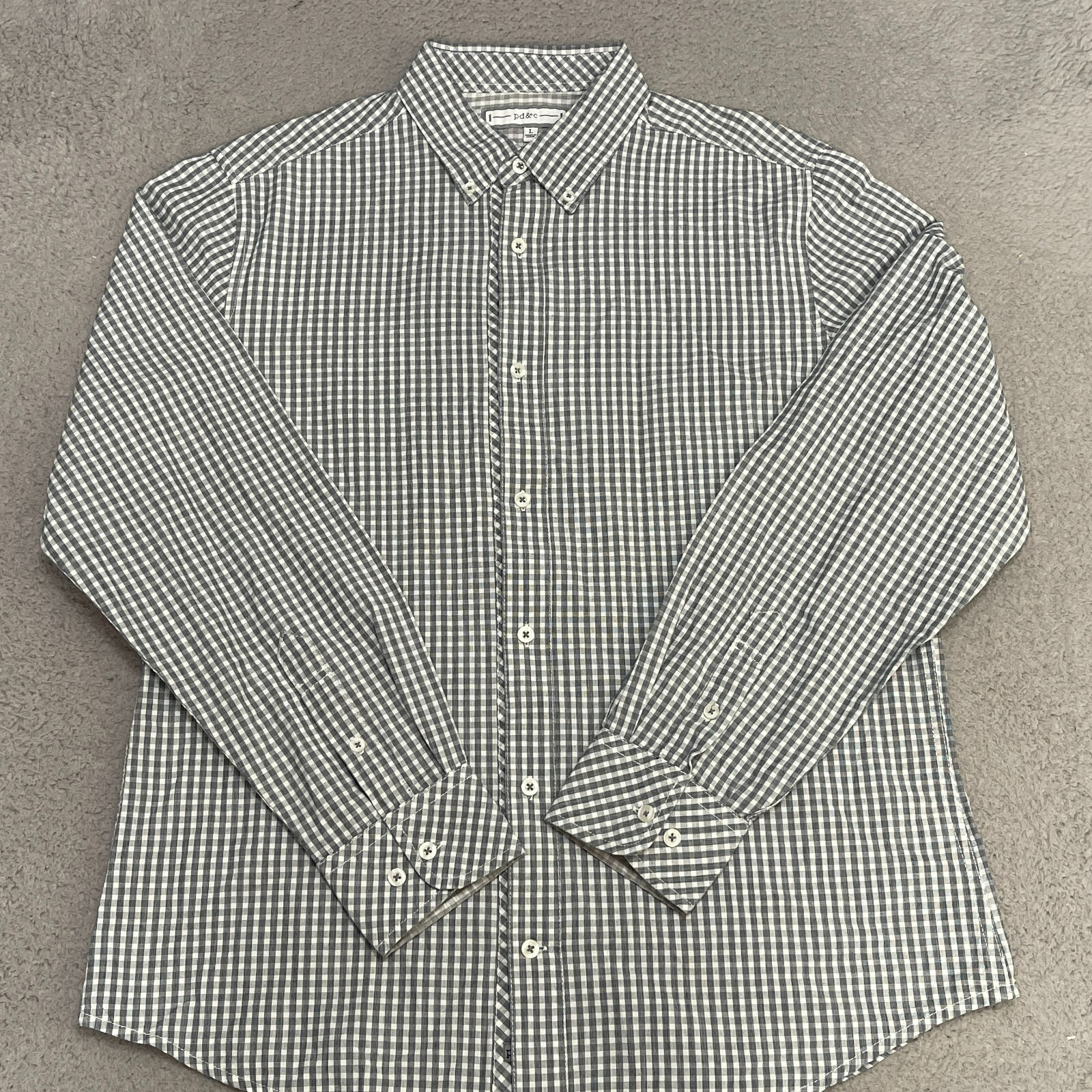Pd &C Shirt Men’s Large Black White Shepherd Gingham Check Long Sleeve Cotton