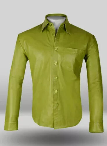 Stylish Shirt Casual Men Genuine Green Handmade Lambskin Leather Formal Soft