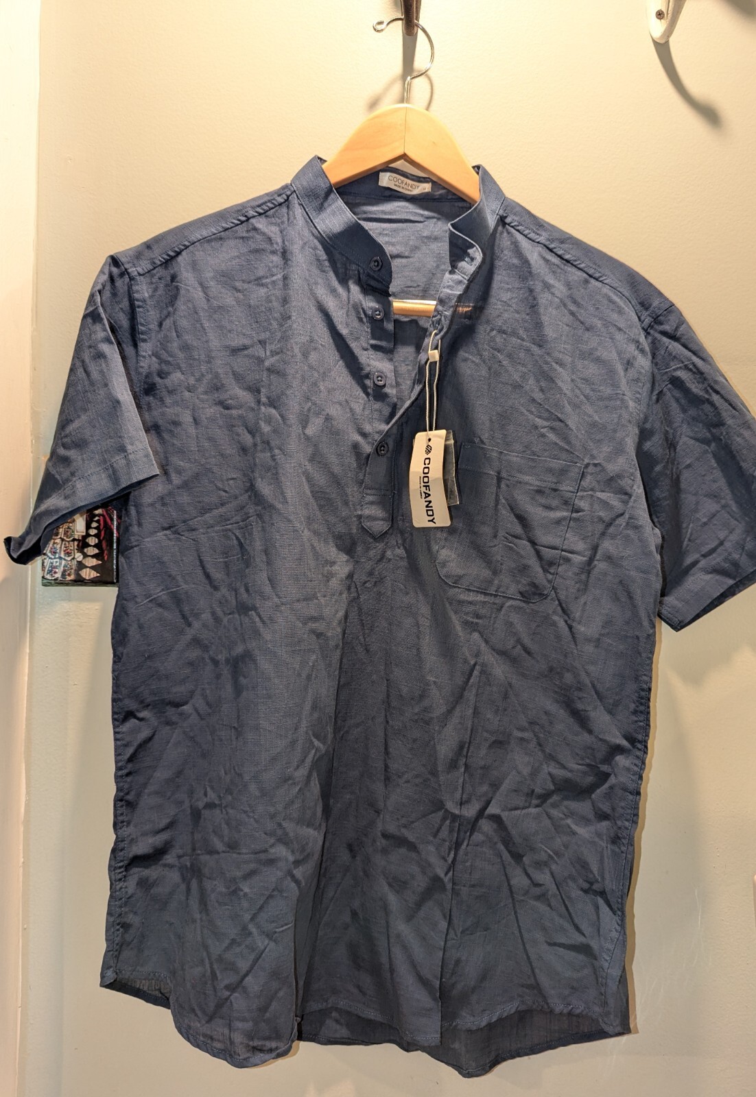 NWT COOFANDY Men’s Size M Navy Chambray Casual Linen 1/4 Button Down Shirt