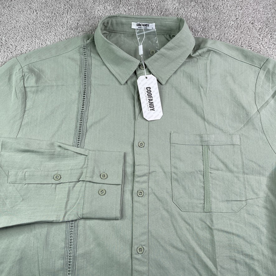 NEW Coofandy Mens Shirt XL Green Guayabera Cuban Rayon Blend NWT