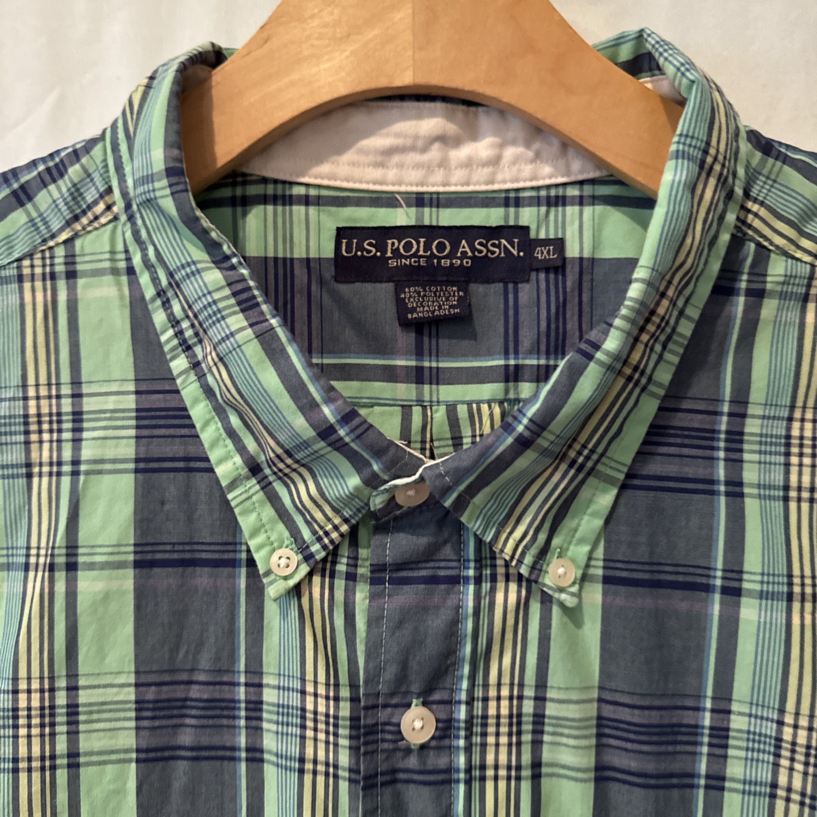 U.S. Polo Assn. Mens 4XL Blue Plaid S/S Button Up/Down Red Pony Logo